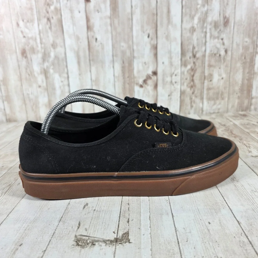Vans Authentic Black Gum Sole Gold‎ Eyelets Mens 9.5 Sneakers Low Top Canvas